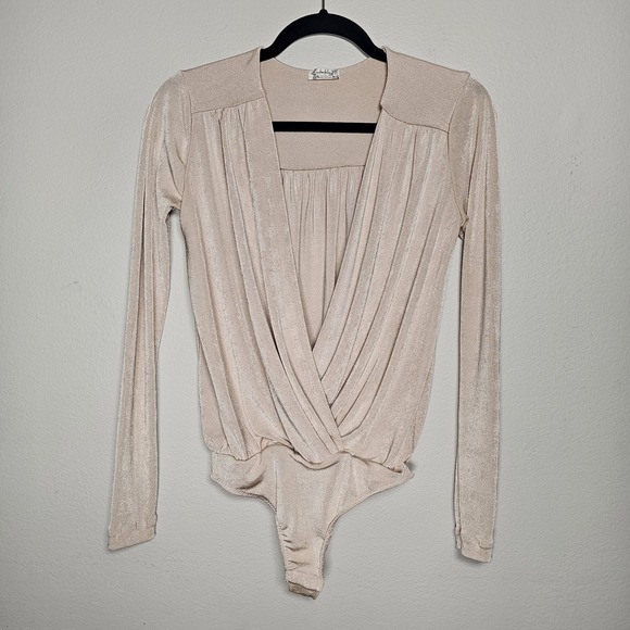 Free People Tops - Intimately Free People Womens XS Cream Tan Shimmer Surplice Bodysuit Top Draped